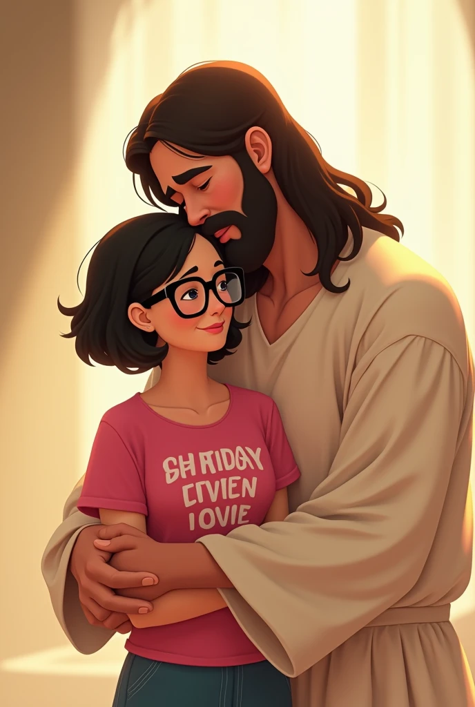 Animation of Jesus hugging a white woman with short black hair wearing square brown glasses and a pink t-shirt with kids font written on it