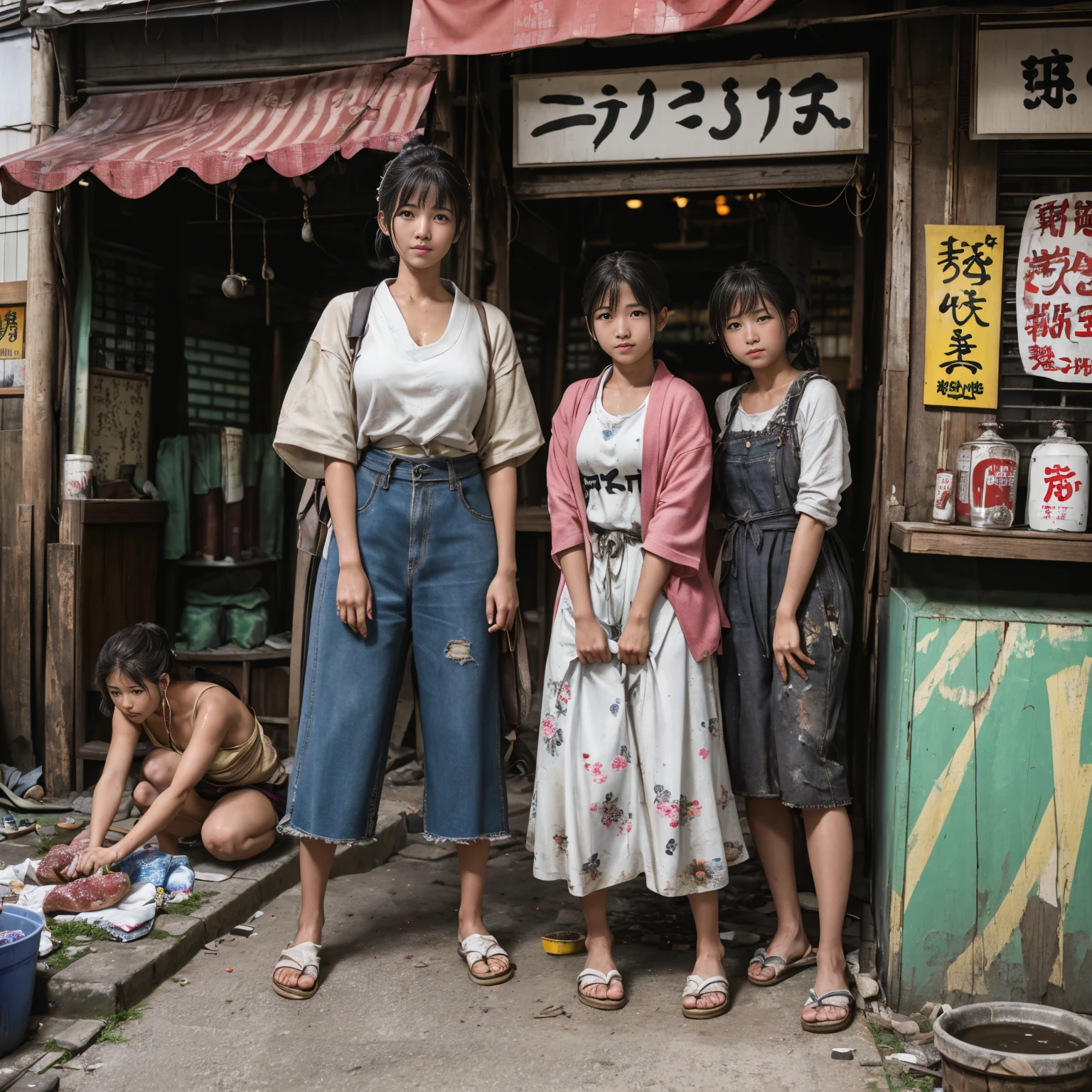 ((masterpiece、Highest quality))、Beautiful girls gather.、Three girls in summer clothes、(Showa Retro:1.2)、(Detailed and cute face:1.3)、(Poor conditions、Japan's poor neighborhoods、Dim and unsanitary、Standing Bar、みんなで楽しくdiet、Crumbling underground shopping mall:1.3)、屋台のdiet店、stage、sewage、Dirty shop、street vendors、Unsanitary and abandoned city、smile、diet、Poor person々