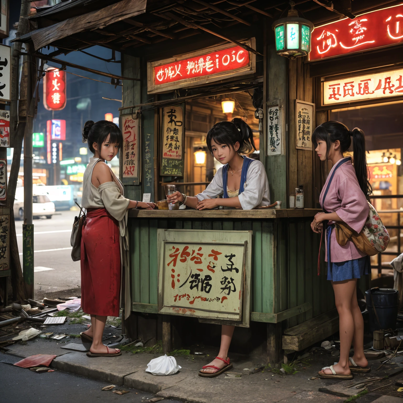 ((masterpiece、Highest quality))、Beautiful girls gather.、Three girls in summer clothes、(Showa Retro:1.2)、(Detailed and cute face:1.3)、(Poor conditions、Japan's poor neighborhoods、Dim and unsanitary、Standing Bar、みんなで楽しくdiet、Crumbling underground shopping mall:1.3)、屋台のdiet店、stage、sewage、Dirty shop、street vendors、Unsanitary and abandoned city、smile、diet、Poor person々