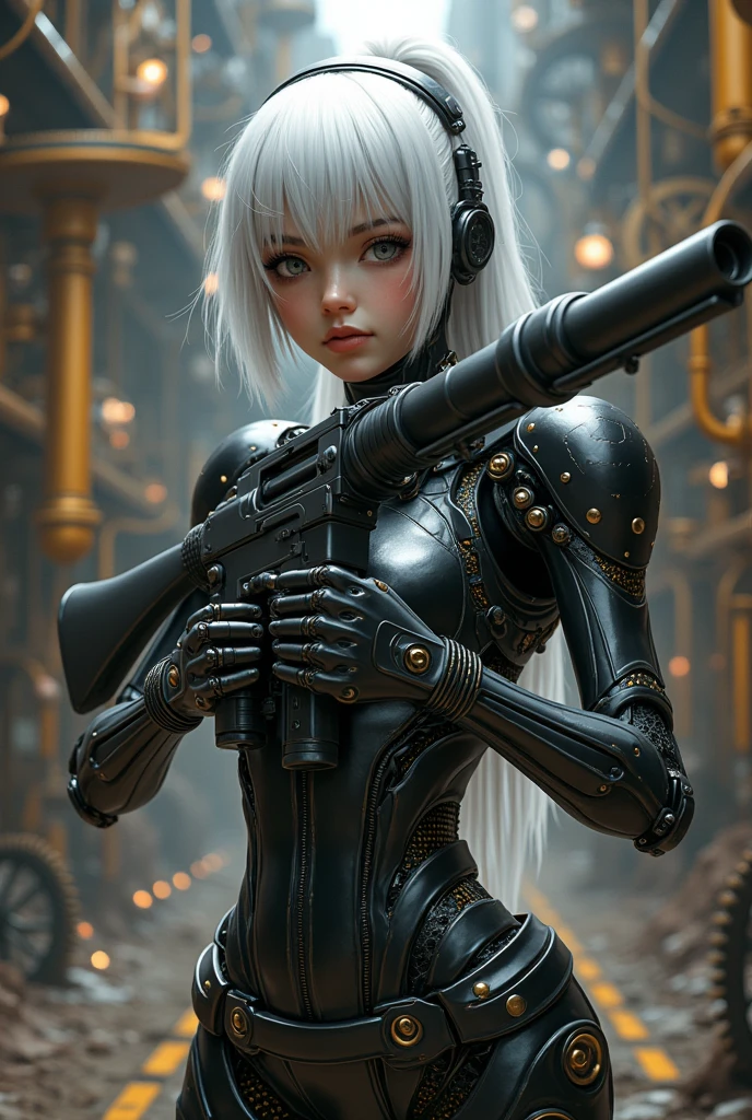 A maiden made of metal, ballet, she wears a miniskirt, she is made of mechanical parts, carrying a large key, facing the camera, stage spotlight, overhead lights, a large metal ball flies out of her hand, the ball is made of many gears,