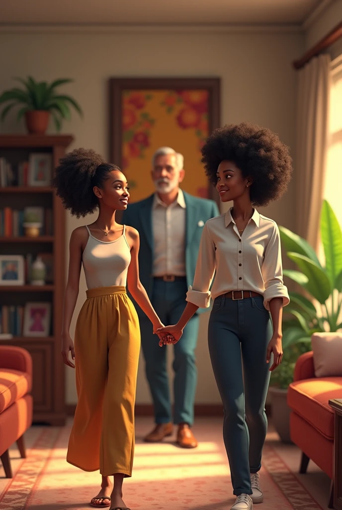 Generate an image of a black young handsome man and a very young beautiful lady with Afro walking into a living room towards an older black man of about 40 years in the background introducing her to the man