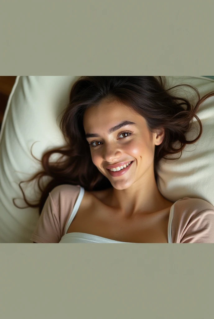 22-year-old Lara Valentina is comfortably lying on her couch, enjoying a moment of rest after a long day of work. She wears a basic t-shirt and comfortable shorts., your look is relaxed, but still elegant. Her brown hair is loose, falling on shoulders. Lara has a serene and relaxed expression, with a slight smile of satisfaction. Ao fundo, the room is softly lit by a cozy ambient light. from beside, a steaming cup of tea on the coffee table and a partially open book complete the scene, transmitting a feeling of peace and tranquility.