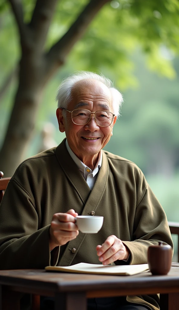 Chinese feng shui master, kind face, white hair, cheerful, drinking tea,  
 The teacher sat looking straight ahead, behind him was a scene of cozy green trees