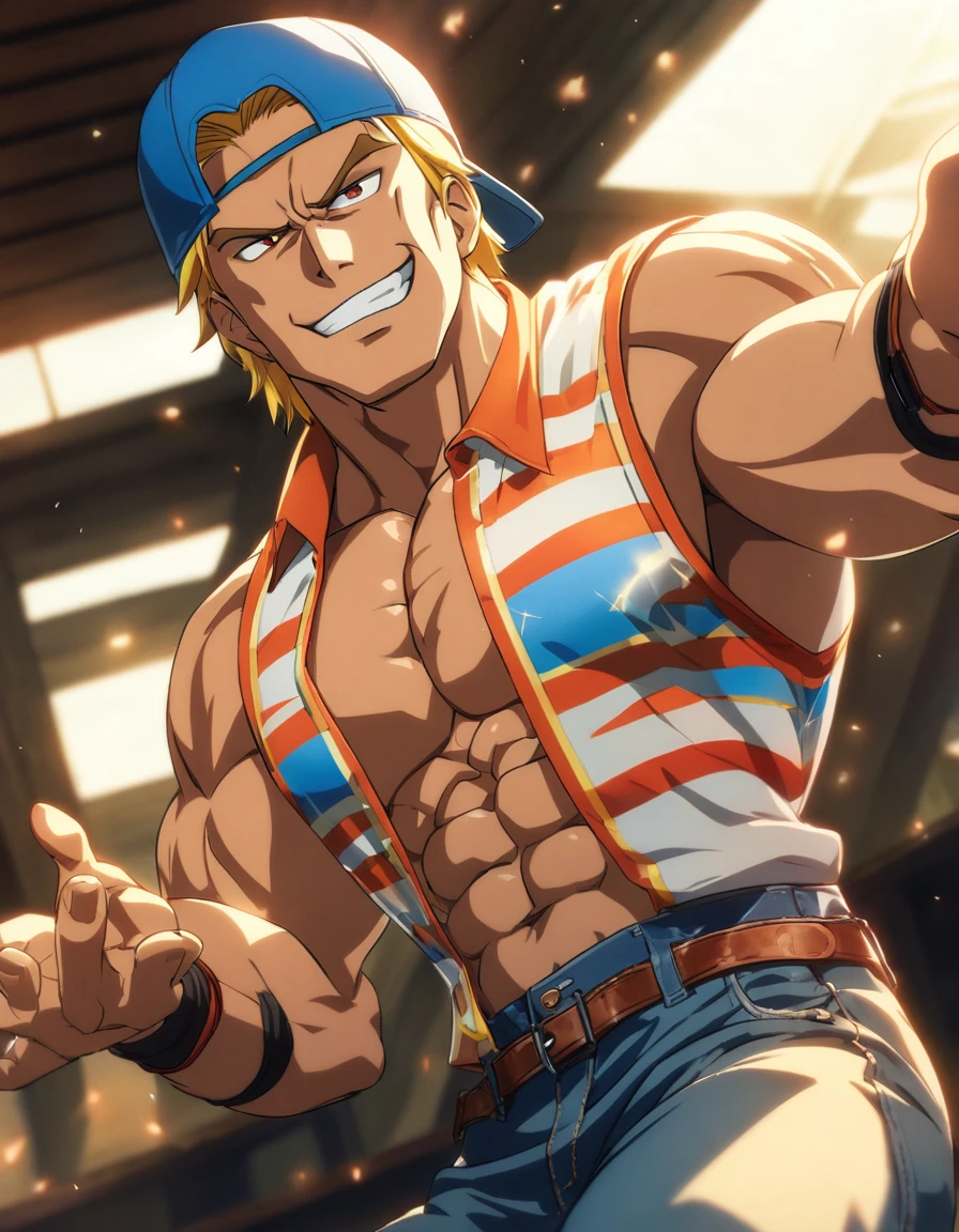 1man, uban hero in fighting game, middle muscular, very short hair, blond, masculine, handsome, brown eyes, BREAK solo, abs, >:>, smug, thick abs, cool emotion, BREKK backwards hat, open shirt, cropped shirt, red collared shirt, sleeveless shirt, brown plaid shirt, blue baseball cap, jeans, red wristbands, BREAK upperlegs, dynamic expression, game keyvisual, 1990s, in capcom art style, in color comic style, BREAK depth of field, dutch angle, cinematic shadows, cinematic lighting, texture, absurdres absolutely resolution, extreme all detailed, greatest painting, BREAK masterpiece, best quality