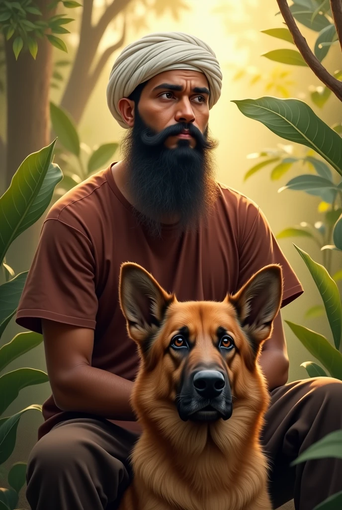A 30y old,indian guy, Muslim, wearing white round reticulated cap, only long beard Without zero moustache, half arm red brown tshirt wearing, sitting on a German shepherd dog, background Plantes & few sunlight