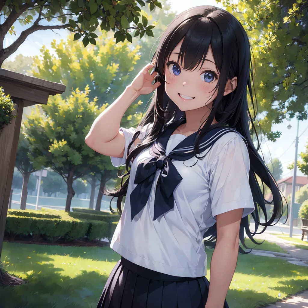 a young girl in a sailor uniform with a pleated skirt, standing in a peaceful park under a blue sky with dappled sunlight, smiling with her mouth open to reveal her buck teeth, waving her hand to beckon the viewer, detailed skin with a sun-kissed glow, (best quality,4k,8k,highres,masterpiece:1.2),ultra-detailed,(realistic,photorealistic,photo-realistic:1.37),vibrant colors,soft lighting,detailed portrait,serene landscape