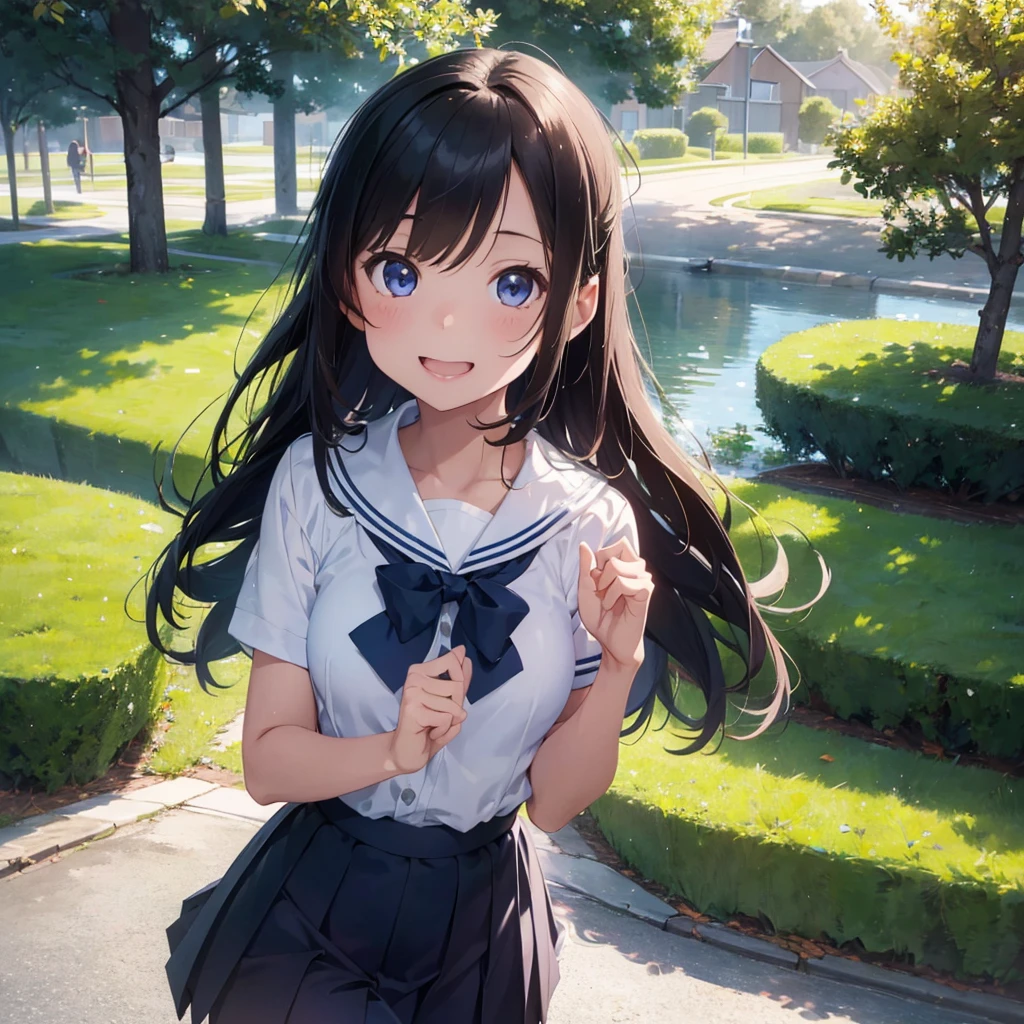 a young girl in a sailor uniform with a pleated skirt, standing in a peaceful park under a blue sky with dappled sunlight, smiling with her mouth open to reveal her buck teeth, waving her hand to beckon the viewer, detailed skin with a sun-kissed glow, (best quality,4k,8k,highres,masterpiece:1.2),ultra-detailed,(realistic,photorealistic,photo-realistic:1.37),vibrant colors,soft lighting,detailed portrait,serene landscape