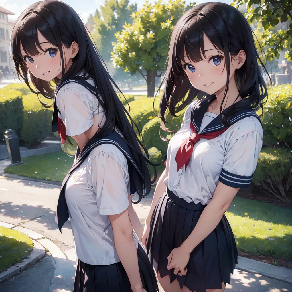 a young girl in a sailor uniform with a pleated skirt, standing in a peaceful park under a blue sky with dappled sunlight, smiling with her mouth open to reveal her buck teeth, waving her hand to beckon the viewer, detailed skin with a sun-kissed glow, (best quality,4k,8k,highres,masterpiece:1.2),ultra-detailed,(realistic,photorealistic,photo-realistic:1.37),vibrant colors,soft lighting,detailed portrait,serene landscape