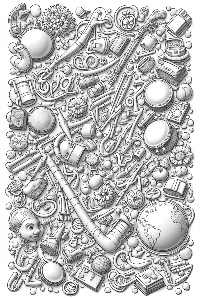 black and white linear drawing with various cultural elements, Separate scattered objects occupying the entire space in a mosaic. drums, tambourine, transverse flute, cuica, cavaquinho, guitar, theatre mask, flowers, cameras, terrestrial globe, textbooks, saxophone, mike. realisitic


