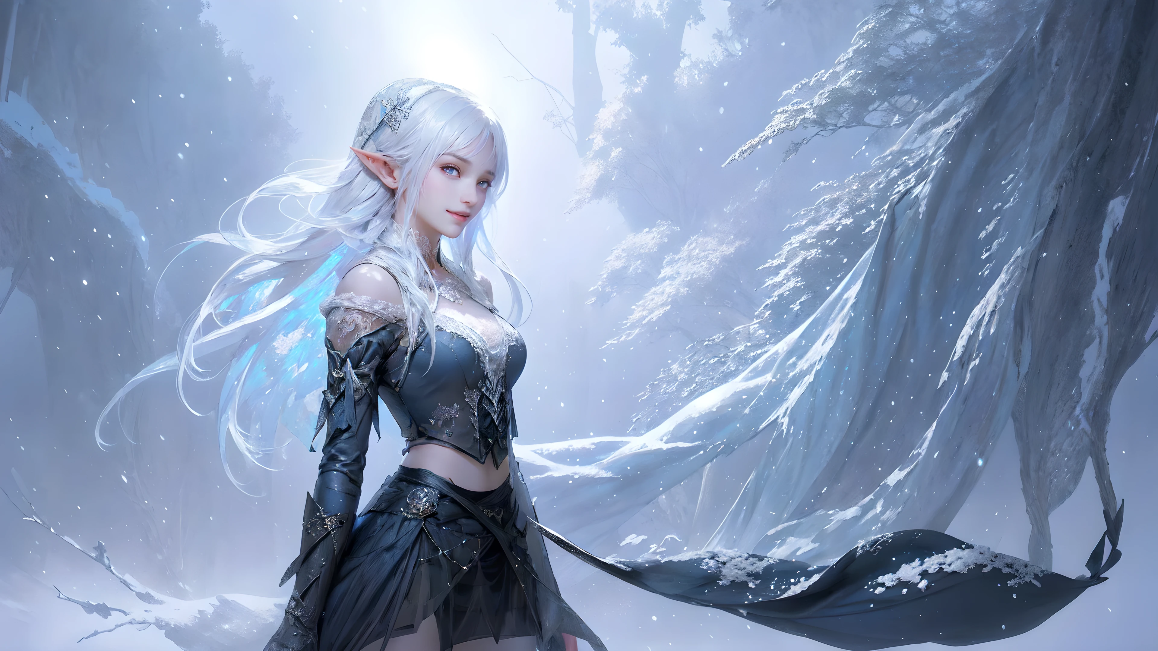 (best quality, high resolution, Extremely detailed, current), White, A world covered in silver, Tree branches covered with snow, touch chill of winter, Snowflakes dance like elves, Turn the world into a silver fairy tale, chill, Quiet and beautiful snow scene., Comfortable and quiet, (Art at Sea 2.1), (Background of frozen white trees and falling snow:1.4) , (Beautiful blue eyes,Big black stone:1.4) , (Cowboy pose), (Practical) ,8k high quality detailed art, Fan Art Best Artstation, Fantasy art style, (Black Lolita Short Pull Up Sheer Mini Skirt:1.4), (showing pussy),(hairy), , White leggings,