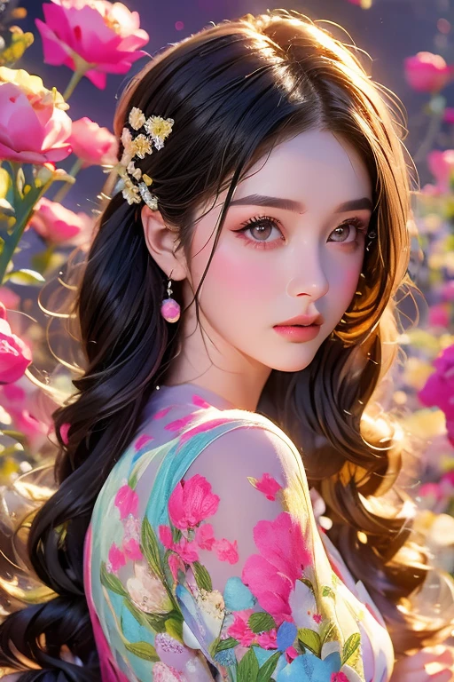 Absolutely absurd fantasy portrait of a charming girl, light, revealing dress with short sleeves ,silky soft hair with bright decorations,The beauty stands on the flowers, bright colors .The details of the face are perfect.,Wow, the character details are so good ,fashion portrait,bright colors,abstract background,Delicate shine,Translucent molten glass ,Frosted glass,masterpiece, Best quality,, Hyperreal,realistic ,high detail,a high resolution . 35mm photography, movie, hips, professional, 4K, very detailed