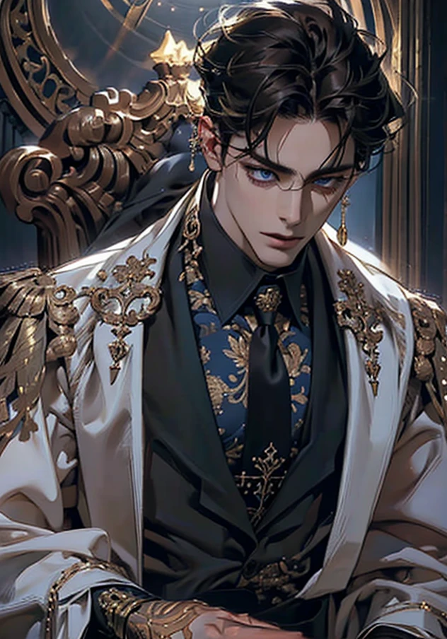 lamplight, close-up cleavage, Handsome men, golden eyes, (Focus eyes, The eyes are bright), (focus face),(Focus clothing), Medium long black hair, ear piercings, medium skin, dark blue coat, Meticulous suit, gold accessories on clothes, dark blue ties (perfect anatomia:1.2), Highqualityshadow, natural lighting, (White highlights:1.2),overcast day, (starrysky), (shining), enchanted