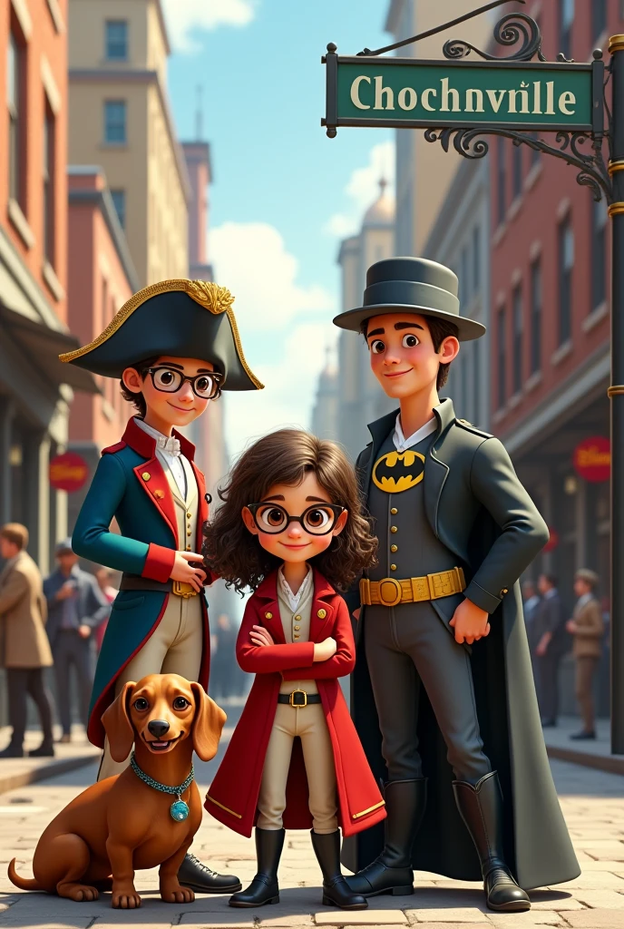 A brunette girl with wavy hair and round glasses dressed as Napoleon Bonaparte with his hat smiling next to a young man with short brown hair dressed as Batman and a Dachshund dog dressed as Sherlock Holmes posing with a family in an early 20th century industrial city with a sign indicating the street “Chochiville”. All with a style based on Disney Pixar drawings.