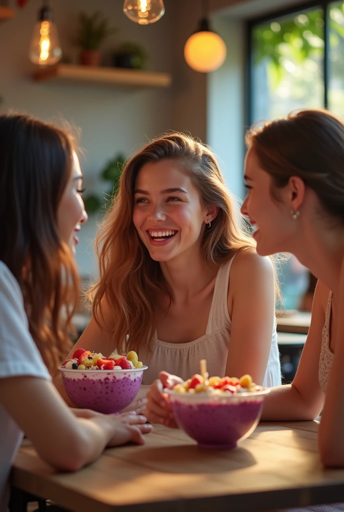 class friends and girlfriends Young realistic, At the acai shop ,chestnut hair,eating acai , ultra HD, high qualiy, best qualityer, high resolution, 8k, 16K
