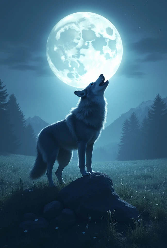 Create an image of a full moon near a field with a wolf howling