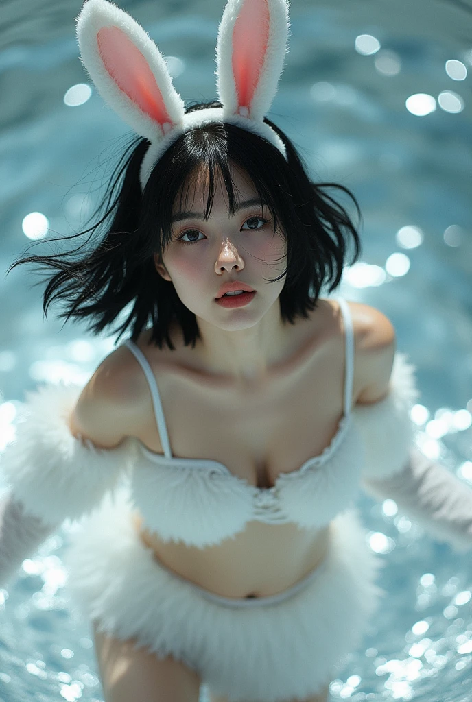 real photograph, (masterpiece), (highest quality), (Super detailed), Perspective from above., (messy hair), (shape), (one japanese girl), (white fake fur bikini), fake fur rabbit ear, sitting down, Fashion Model, (glitter silver background), fine and beautiful eyes, pretty faced, floating, (high color saturation), focus on face, black bob cut hair, floating Hairs, (shining), best writing, best shadow,