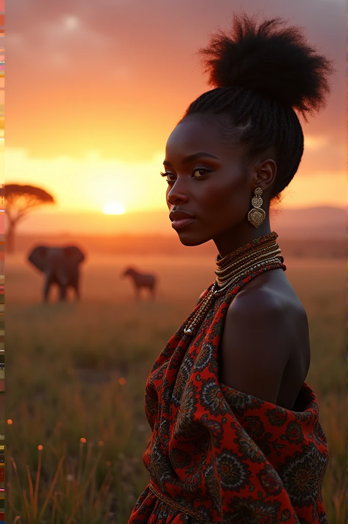 African beauty, a woman in African dress, in a glowing dawn with African animals 
