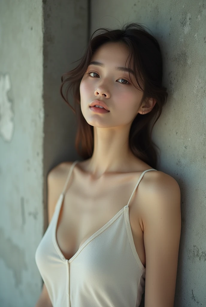 editorial photography,super detailed background,Super realistic,double exposure,depth of field,beauty super slender skinny young vides,soft focus pure tone,narrative scene,Plain color lyocell camisole,lean against the concrete wall,from directly below,