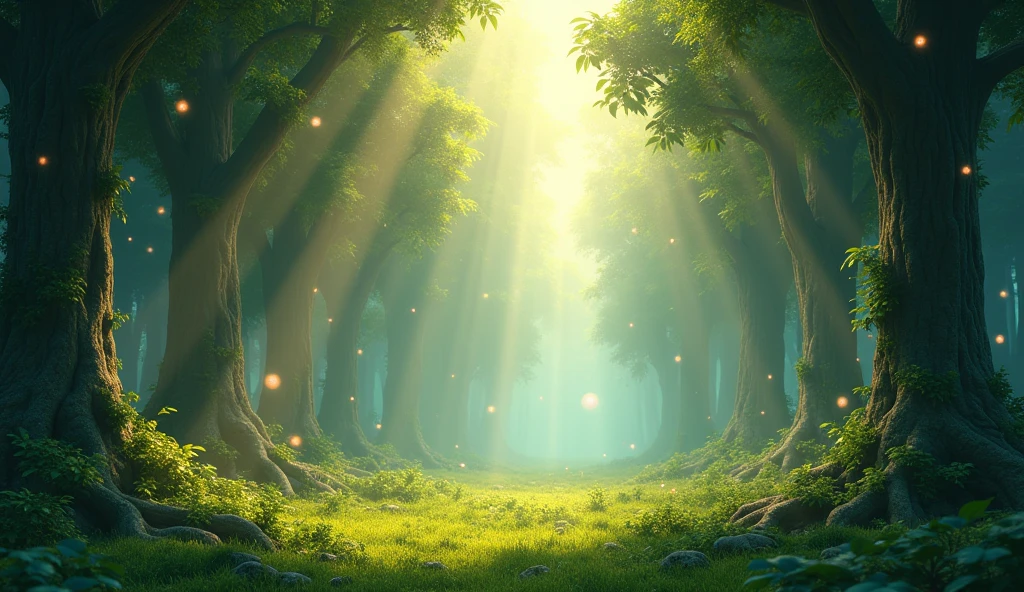 Create a 3D stylized background for a SOLMON announcement with a forest-themed design. The scene should feature a dense, mystical forest with towering trees covered in moss and vines. Incorporate elements like softly glowing fireflies, shafts of sunlight filtering through the canopy, and patches of soft, green grass. Add subtle forest elements such as hanging vines, scattered leaves, and small, glowing orbs to create a magical, immersive atmosphere. The overall design should convey a sense of majesty and enchantment, making it visually striking and perfect for a fantasy-themed setting.
