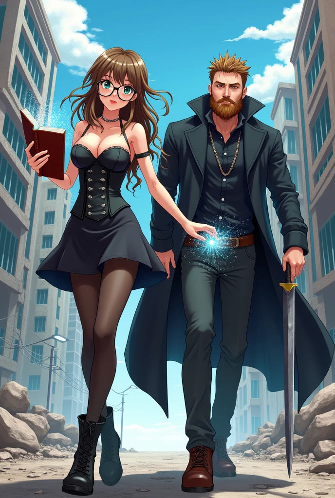 Caucasian female, アニメ, with long brown hair and bangs, round glasses, Eye Brown, espartilho preto, Black Skirt, black boot, black stocking, segurando um livro e usando magia ao lado de um um homem アニメ, with big beard, short brown hair, Eye Brown e sobretudo preto, with a sword, walking in a destroyed city