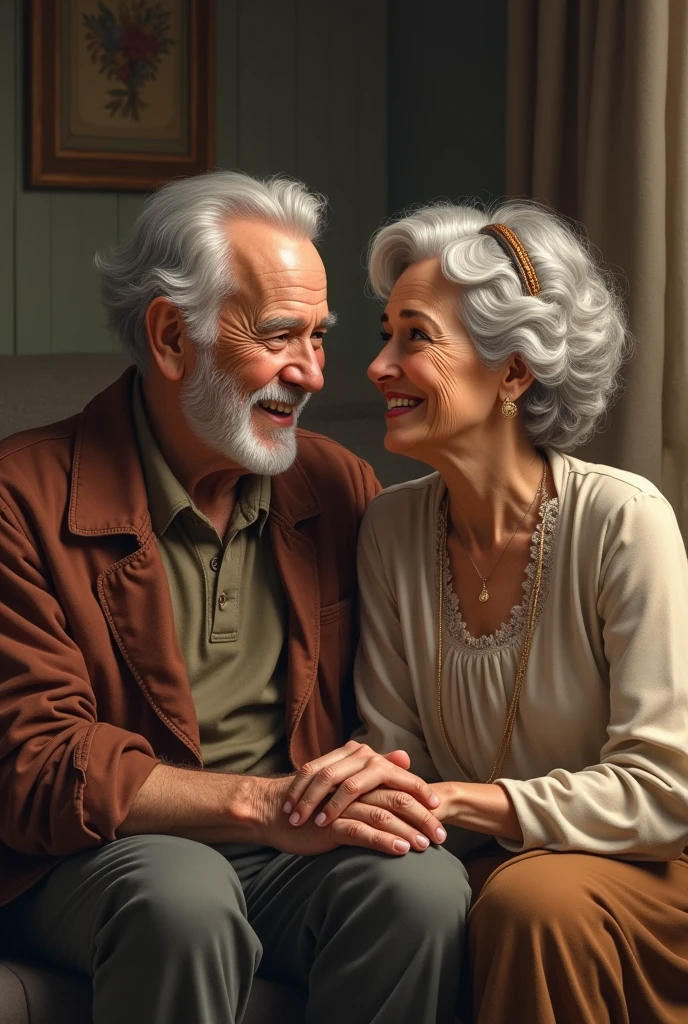 old father is smiling while looking at old mother. one mature woman who is his daughter sitting next to father looking at mother