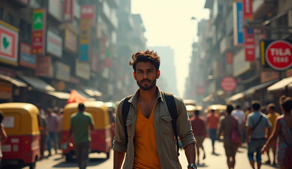 An Indian younger man walking in the city of Mumbai, India