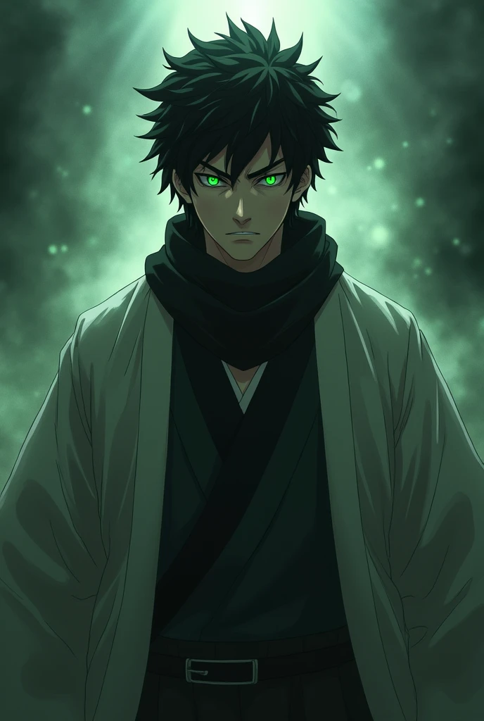 tasiho period Japanese man, dark aesthetic, moody, eerie, aura, menacing, intimidating, overwhelming presence, spiritual pressure, cool guy, stern look, short curly black hair, four green eyes, black scarf, white haori, black undershirt
