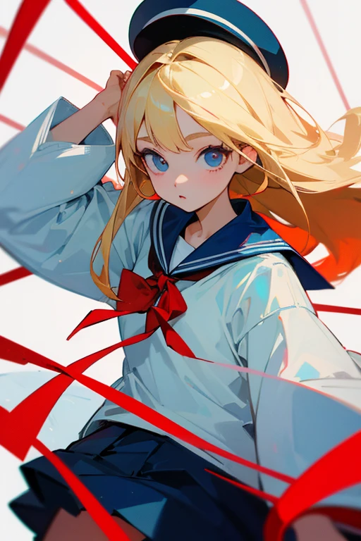 (Highest quality、Highest quality)、(Blonde Straight).Beauty、Red ribbon on head、Eyes are black、Eye highlights、Light blue sailor suit、