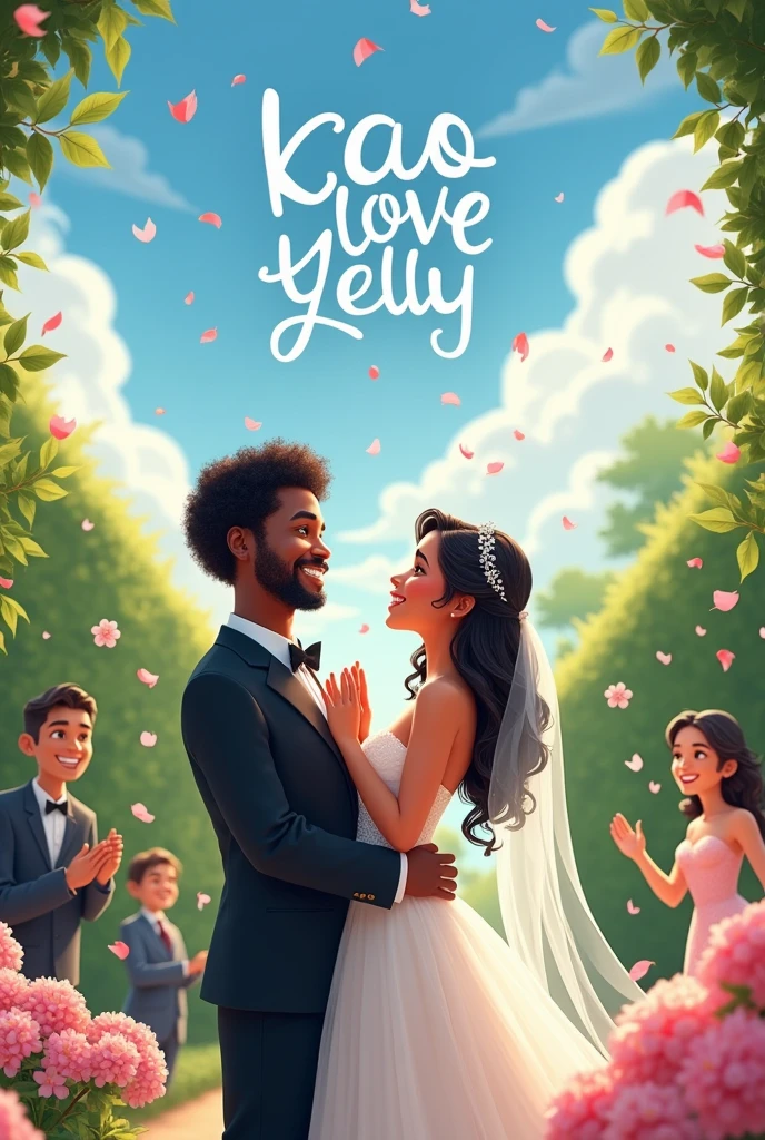 Make a picture of a short, fat black man and a short, beautiful woman getting married with a romantic background with the words written above kao love yelly