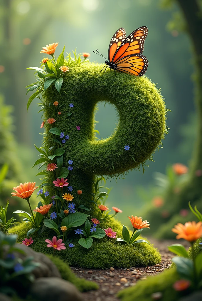 Alphabet "P" image with floral & butterfly in portrait background. i want forest vibe make the alphabet with grass,flower and butterfly resting. and underground is full with flower like garden