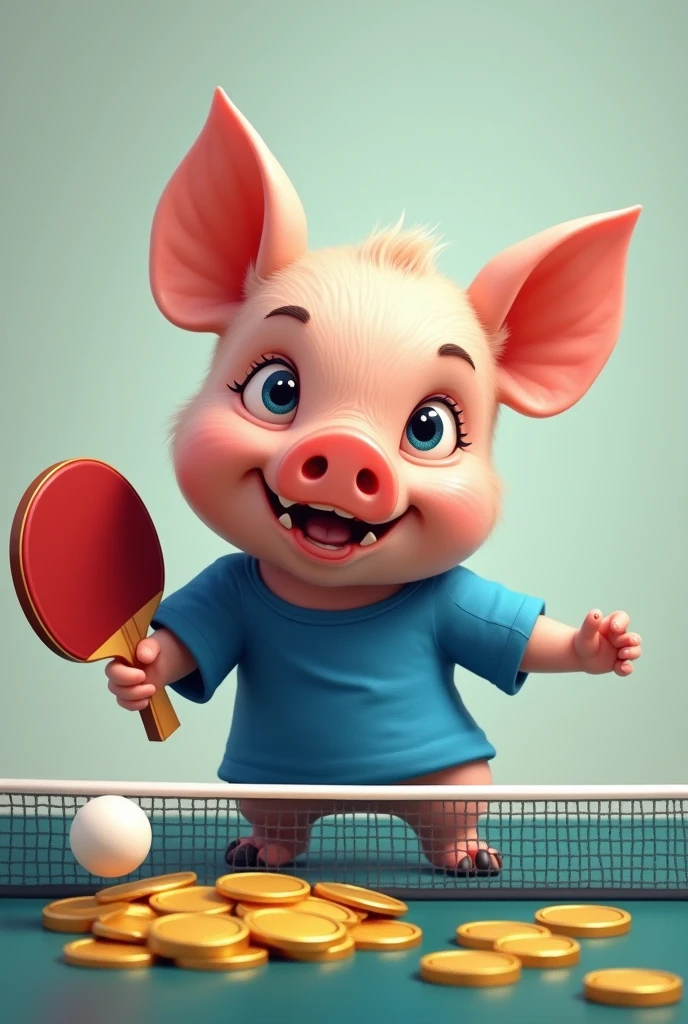 Little pig with ping pong paddle and blue t-shirt and gold coins