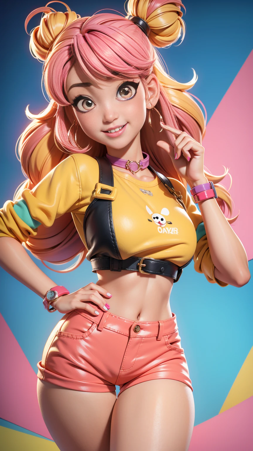 A 3D Pixar-Disney style image of a young woman with a trendy, gyaru-inspired look, smiling and giving a playful, confident gaze. The woman has large, expressive eyes with bold makeup, a stylish hairstyle, and a fashionable outfit typical of the gyaru style. Her expression is lively and engaging, with a bright and colorful background that enhances her vibrant and confident appearance.