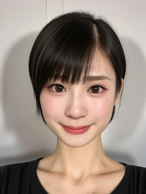 (kawaii 24 year-old Japanese girl, Nogizaka idol, Korean idol), healthy female athlete body, (glossy black hair, short hair, pixie cut, bangs:1.3), (rounded face, pure black eyes, single eyelid, no makeup, best smiling:1.2), (wearing crew neck t-shirt:1.3), extra small breasts, BREAK, (plain white background:1.3), (looking at viewer, facing straight forward at camera, id photo, bust shot:1.2), BREAK, (masterpiece, best quality, photo realistic, official art:1.4), (UHD, 8K quality wallpaper, high resolution, raw photo, golden ratio:1.3), (shiny skin), professional lighting, physically based rendering, award winning, (highly detailed skin, extremely detailed face and eyes, anatomically correct body), Carl Zeiss 85 mm F/1.4, depth of field, 1girl, solo,