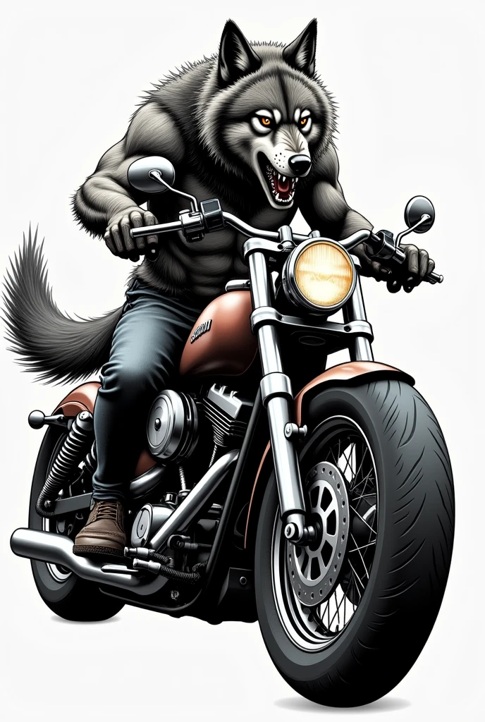 Wolf on chopper motorcycle. The design must be such that it can be embroidered with black thread.