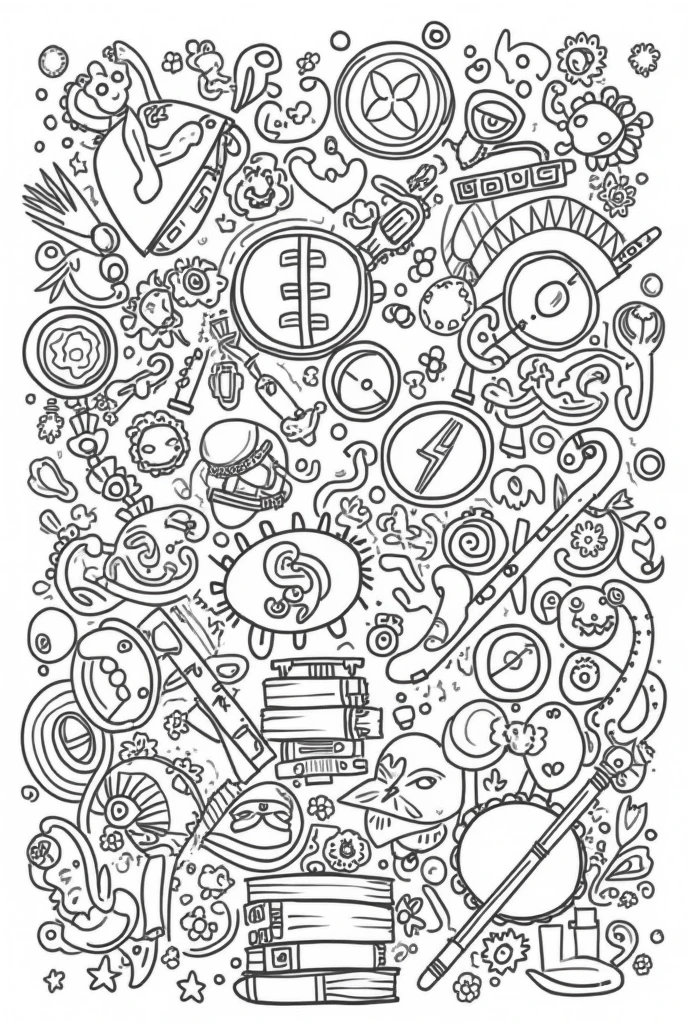 black and white linear drawing with various cultural elements, Separate scattered objects occupying the entire space in a mosaic. drums, tambourine, transverse flute, cuica, cavaquinho, guitar, theatre mask, flowers, cameras, terrestrial globe, textbooks, saxophone, mike. realisitic


