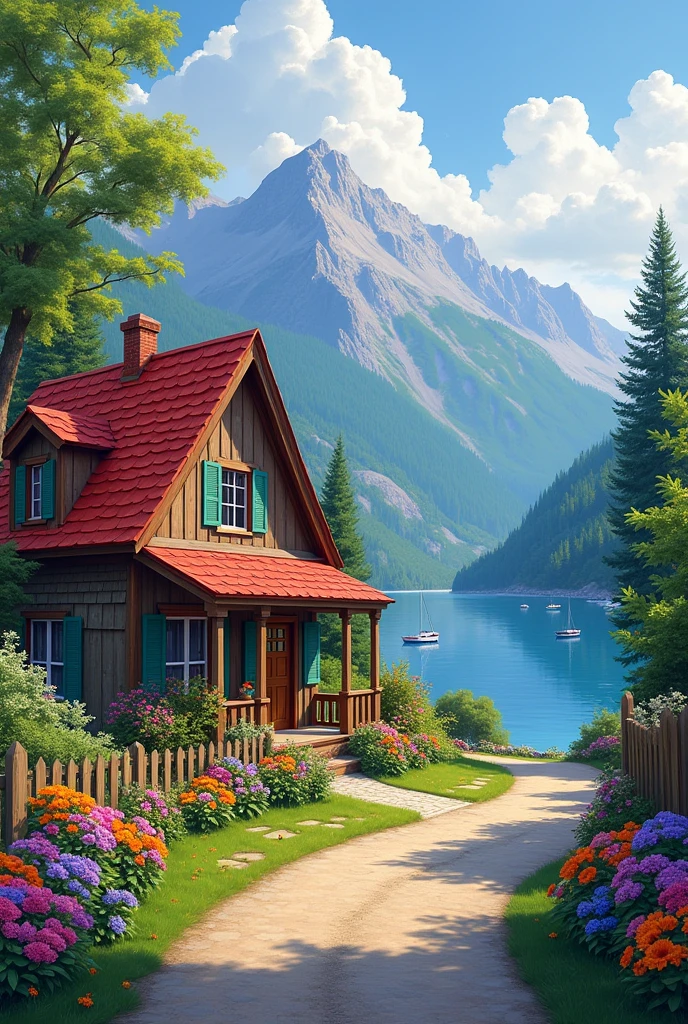 Painting of the cottage, Flowers by the fence, Roadside fence, Mountain view with lake and boats, Illustrations, Thomas Kinkade (thomas kinkade) of inspiration, Symmetrical painting, Detailed scenery , Original style, Ultra-detailed 8K, environment design illustration, Landscape Art Detail, Sea view, Concept Art, 8k 高度Detailed numbers艺术, 8K Digital Painting, 8K Digital Painting, Stunning digital illustrations, Desert Background, 数字Concept Art, Detailed numbers