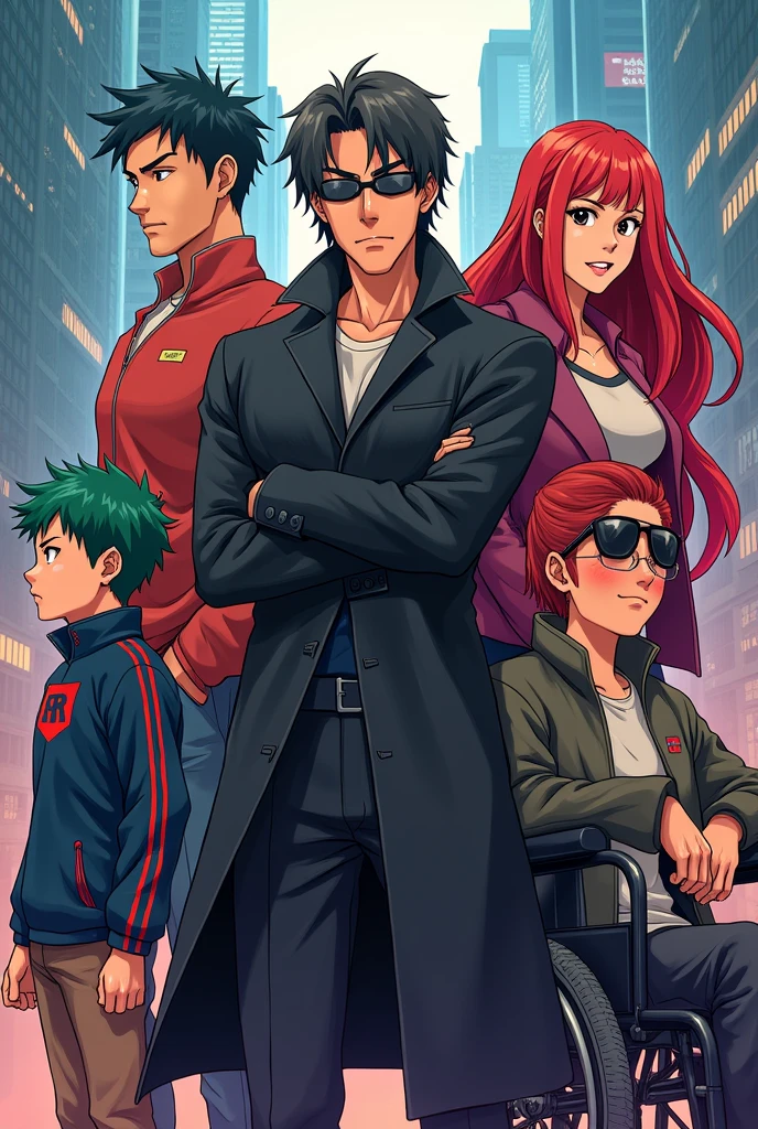 create an anime-style image featuring a -yeld boith green hair, a Japanese man, an American woman with red hair, a Russian man in a black trench coat with shades, and a Chinese woman in a wheelchair, with the text “Code Red Hero.”