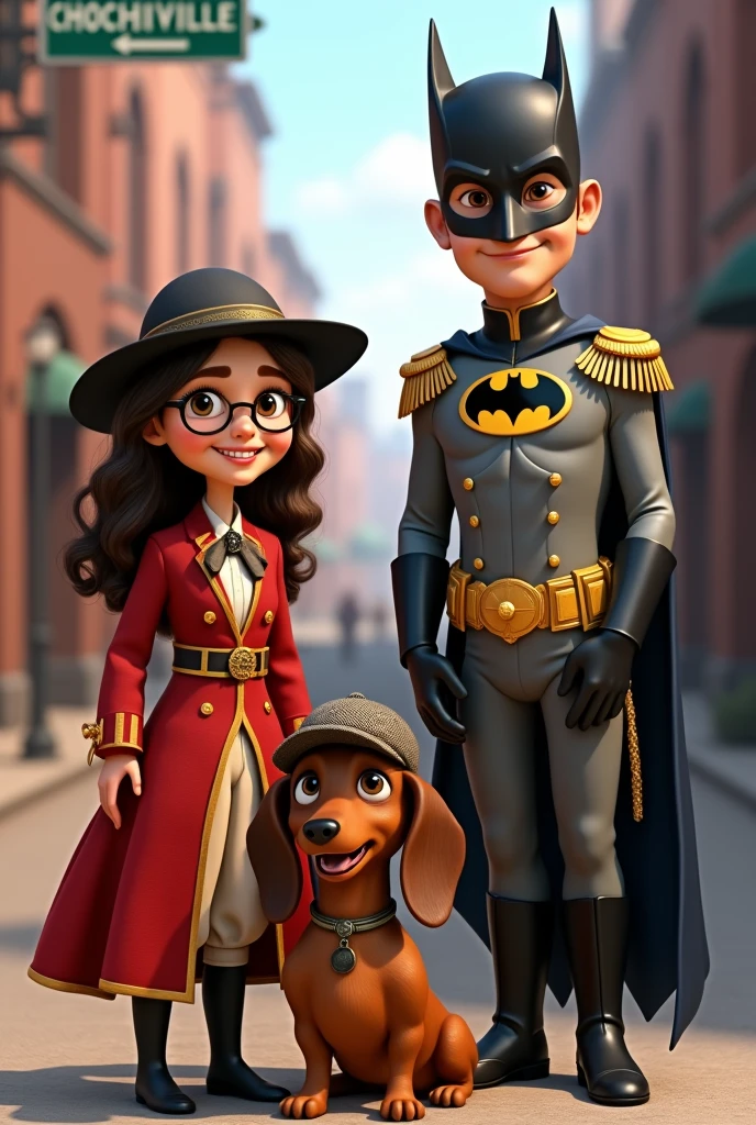 A brunette girl with wavy hair and round glasses dressed as Napoleon Bonaparte with his hat, smiling next to a young man with short brown hair dressed as Batman, and a Dachshund dog dressed as Sherlock Holmes posing with his family in an early 20th century industrial city with a sign pointing to “Chochiville” street. All with a style based on Disney Pixar drawings.