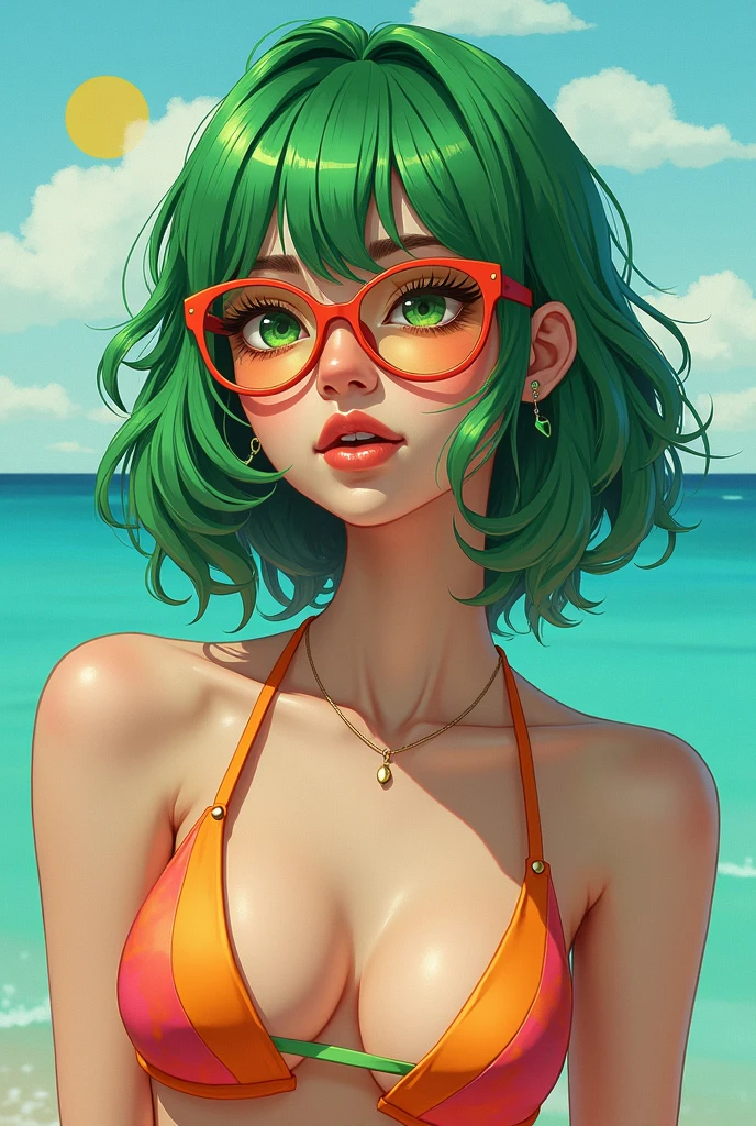 A girl with glasses, green hair and a swimsuit