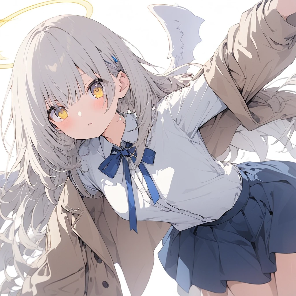(((anime))) One standing angel,The angel has,Yellow angel halo,white large plumage (Gray Hair),Long Hair,Small red ribbon (Yellow Eyes),Bat-like eyes, wearing a beige coat,The front is free,A worn out dress shirt,Blue ribbon,Navy blue mini skirt White background,rose,Blurred Masterpiece,Highest quality,Exquisite,8k,Absurd,Ultra-fine illustrations,(View your viewers)