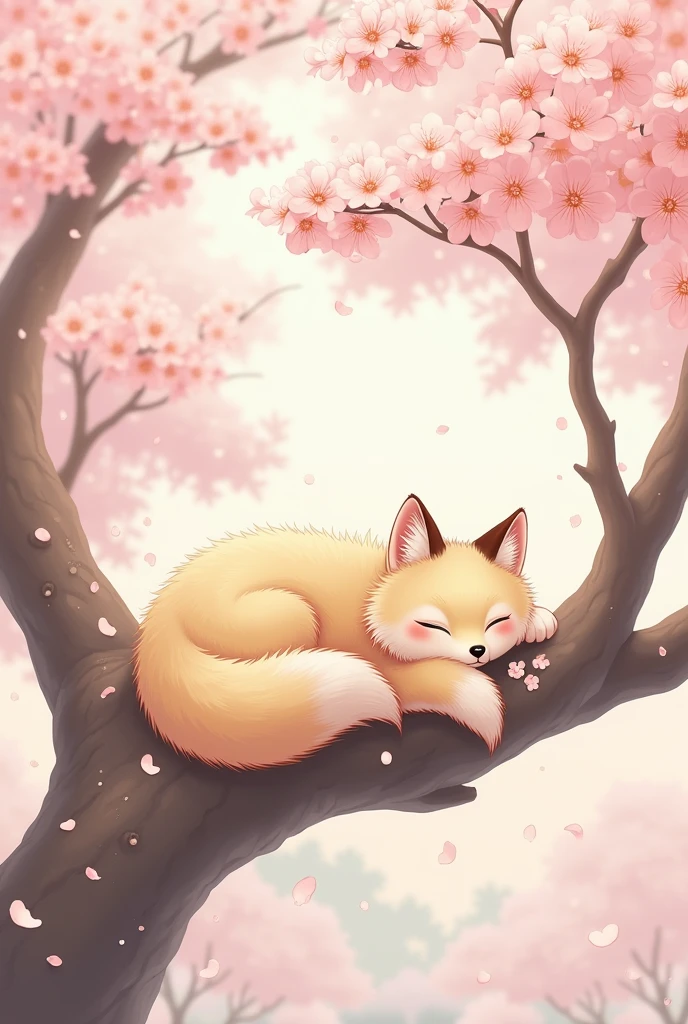 kitsune sleep on a sakura tree but make it easy to draw on a canvas