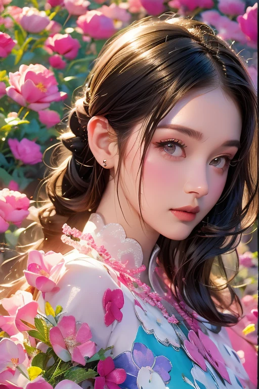 Absolutely absurd fantasy portrait of a charming girl, light, revealing dress with short sleeves ,silky soft hair with bright decorations,The beauty stands on the flowers, bright colors .The details of the face are perfect.,Wow, the character details are so good ,fashion portrait,bright colors,abstract background,Delicate shine,Translucent molten glass ,Frosted glass,masterpiece, Best quality,, Hyperreal,realistic ,high detail,a high resolution . 35mm photography, movie, hips, professional, 4K, very detailed