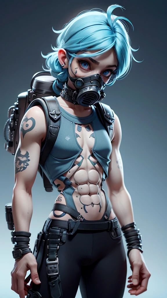Young man with medium-length blue hair, light blue eyes, black pants, skeleton motifs on clothing, gas mask over mouth, tight-fitting black leather sleeveless t-shirt with ribcage motifs, tight-fitting clothing, visible navel, freckles, black tattoos on arms, tattoo on neck, long eyelashes, war paint on dripping face, doesn't smile, beautiful eyes, delicate features, soft colors, serene atmosphere, high quality, detailed, photorealistic, photo-realistic: 1. 37, 4k, ultra-detailed, extremely detailed, hyperrealistic, highly detailed, masterpiece:1.2, vibrant colors, natural lighting, cinematic, dramatic, fantastic, magical, surreal, backpack with ice medusa.