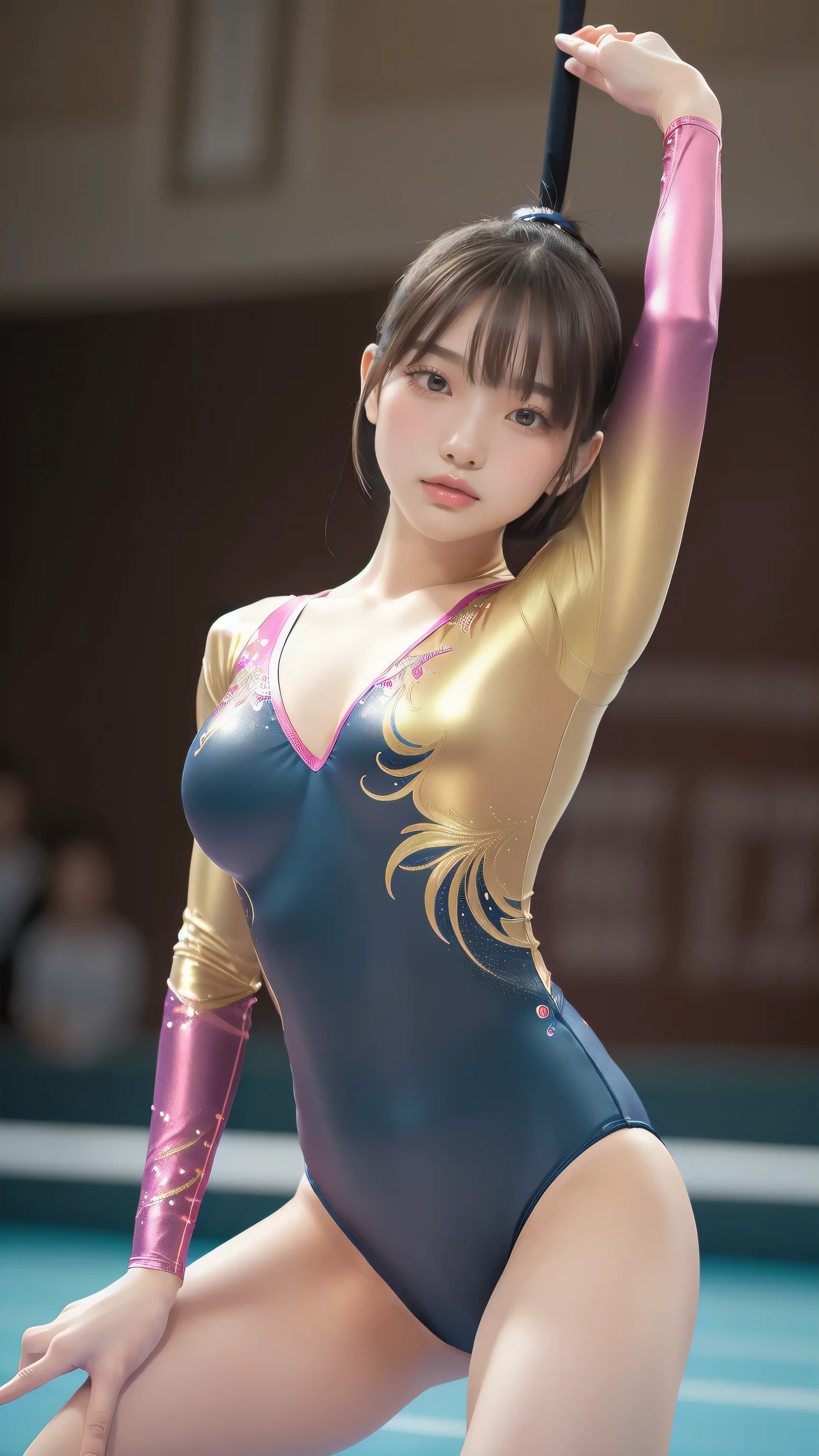 ((indoor, 新Gymnastics arena, Gymnastics arena:1.3)), Vibrance, Natural colors, (Highly detailed skin, Beautiful realistic face, White skin, Pointed Chest, Small nipples, Perfect Anatomy, Realistic eyes, Natural Eyes, Brown eyes, Accurate eye focus, Accurate limbs), (Hyper Realist, ultra-realistic, 4K, Attention to detail, Ultra-high resolution, Highest quality, masterpiece, Presence, dynamic, Uplifting, bold, Sharpness), (Thinning hair:2, Soft Hair:2, Straight hair:1.5, Long, slicked bangs, Light copper amber hair, Hair on one eye, Twin tail hair), (Female gymnast, Detailed costume, She wore a tight-fitting long-sleeved leotard.:1.5), Shiny long sleeve leotard, Metallic colors long sleeve leotard, Racing long sleeve leotard, Gymnastics Long Sleeve Leotard, ((High leg long sleeve leotard, A long-sleeved leotard with lots of Swarovski embellishments)), ({Metallic red color| Metallic purple color| Metallic white color| Metallic navy color| Metallic pink color| Metallic gold color| Metallic silver color| Metallic black color| Metallic colors}Long sleeve leotard colors), (Big Breasts:1.5), Tall, Elongated arms and legs, Small waist, Small hips, (Crouching, M-shaped split, squat:1.2, squat with your legs wide apart, Spread your legs), The long-sleeved leotard is digging into her butt, barefoot, Looking into the camera, smile, (Underhair does not grow),