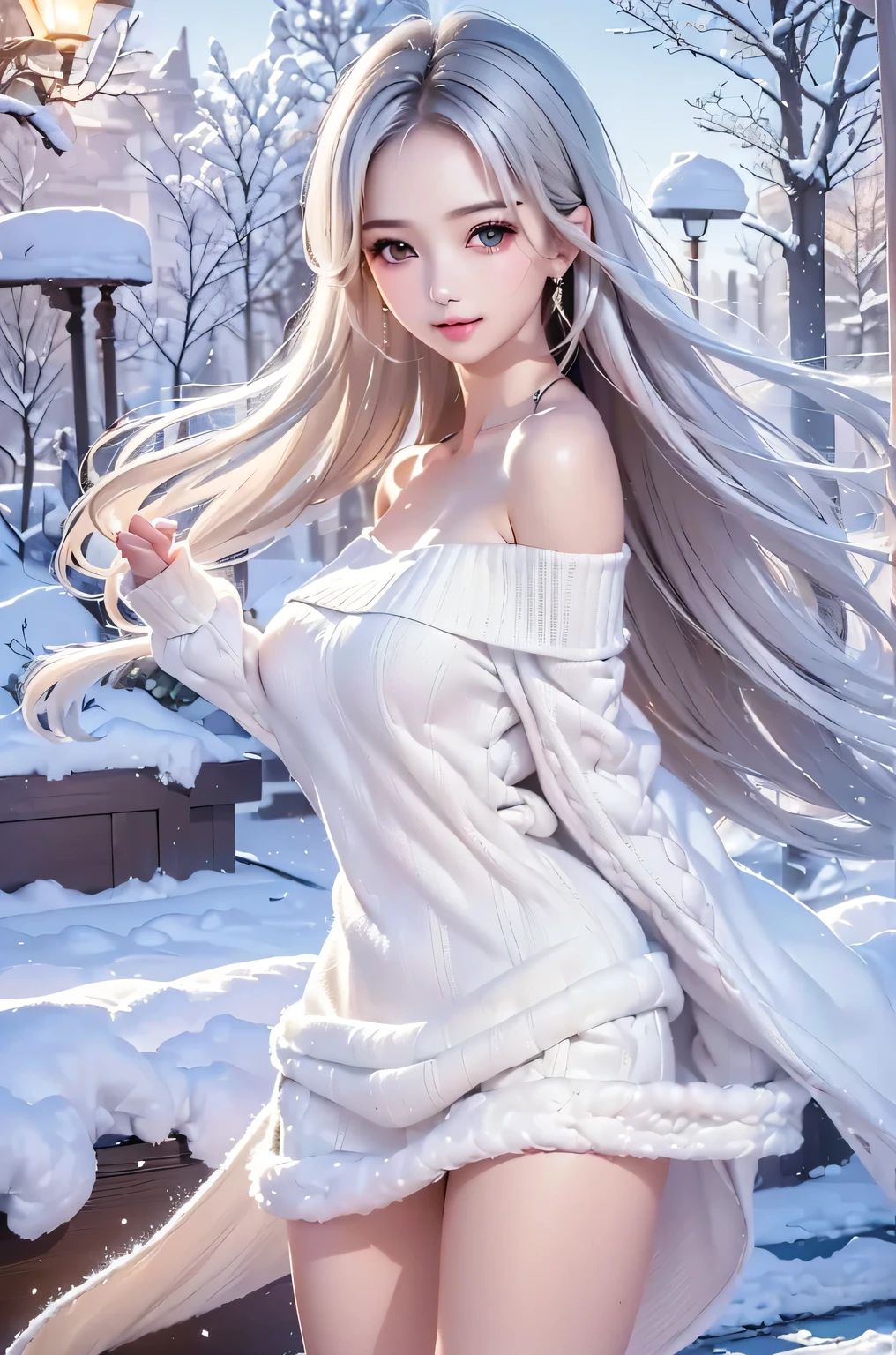 ((masterpiece:1.5、8k、Portraiture、Photorealistic and very detailed CG、Very detailed、Particle Effects、Dynamic Effects、Shallow depth of field、Cinematic Light、Lens flare、Ray Tracing、Tabletop、Realistic:1.4、Ultra-high resolution:1.2、Realistic、Realistic))((alone、 off shoulder knit sweater、Shorts、Elegant woman posing、Detailed face、brightexpression、young, bright, Whiter skin、Ample breasts、Best Looks、Ultimate beauty、Shiny silver hair with highlights、bright and shiny hair,、Super long, Silky straight hair、Hair dancing in the wind))(morning、The setting is outdoors in the snow、Surrounded by illuminations). from side:1.5
