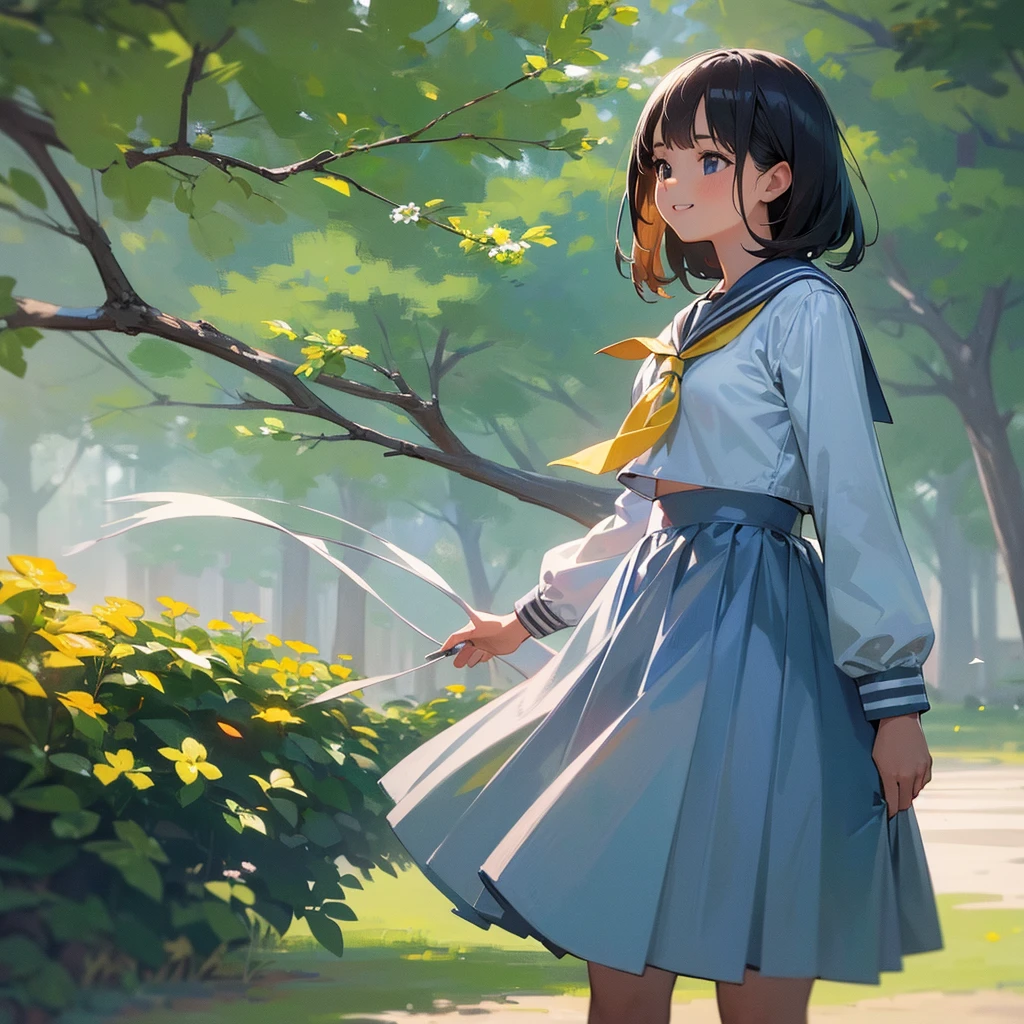 (1girl),a young girl in a sailor uniform with a pleated skirt, standing in a peaceful park under a blue sky with dappled sunlight, smiling with her mouth open to reveal her buck teeth, waving her hand to beckon the viewer, detailed skin with a sun-kissed glow, (best quality,4k,8k,highres,masterpiece:1.2),ultra-detailed,(realistic,photorealistic,photo-realistic:1.37),vibrant colors,soft lighting,detailed portrait,serene landscape