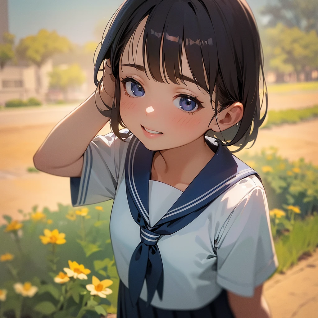 (1girl),a young girl in a sailor uniform with a pleated skirt, standing in a peaceful park under a blue sky with dappled sunlight, smiling with her mouth open to reveal her buck teeth, waving her hand to beckon the viewer, detailed skin with a sun-kissed glow, (best quality,4k,8k,highres,masterpiece:1.2),ultra-detailed,(realistic,photorealistic,photo-realistic:1.37),vibrant colors,soft lighting,detailed portrait,serene landscape