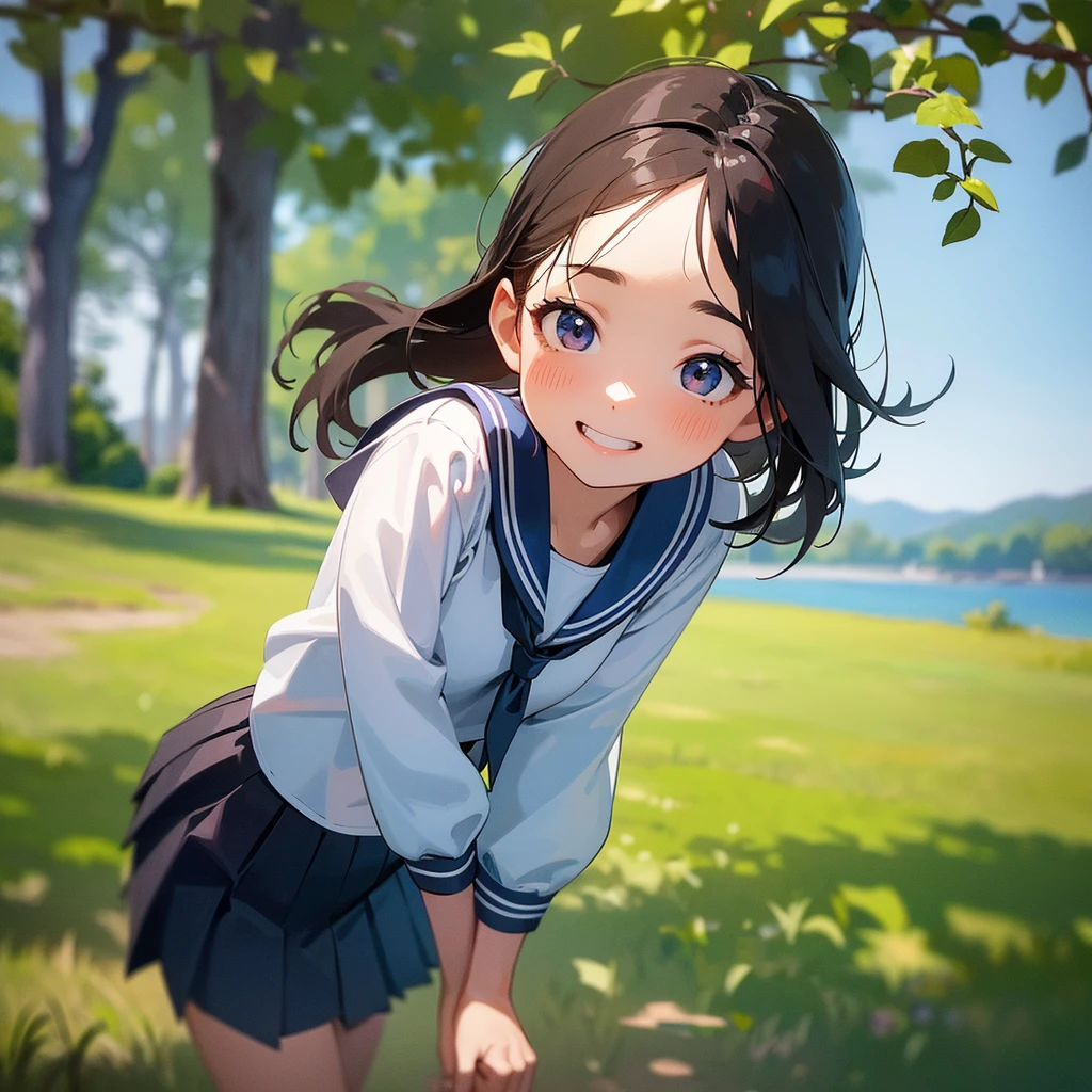 (1girl),a young girl in a sailor uniform with a pleated skirt, standing in a peaceful park under a blue sky with dappled sunlight, smiling with her mouth open to reveal her buck teeth, waving her hand to beckon the viewer, detailed skin with a sun-kissed glow, (best quality,4k,8k,highres,masterpiece:1.2),ultra-detailed,(realistic,photorealistic,photo-realistic:1.37),vibrant colors,soft lighting,detailed portrait,serene landscape