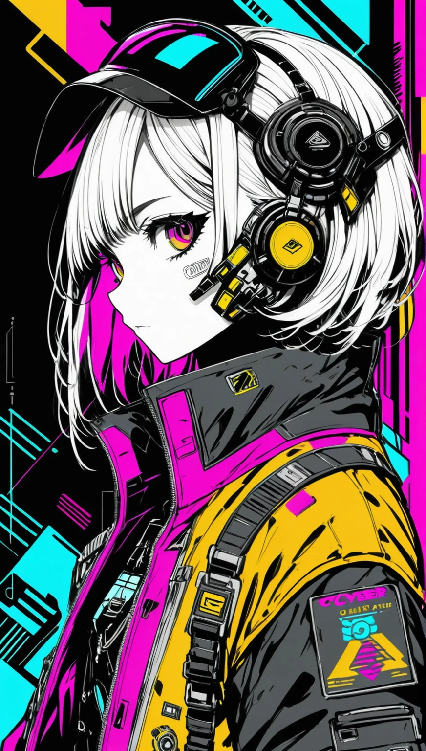 (masterpiece,Highest quality,Super detailed,Ultra-high resolution,Detailed Background),((cyber punk)),((Flat Color)),((colorful)),(One person),pilot jacket,View your viewers,alone,Upper Body,Colored Background,High Contrast,Contrasting colors,Cowboy Shot,