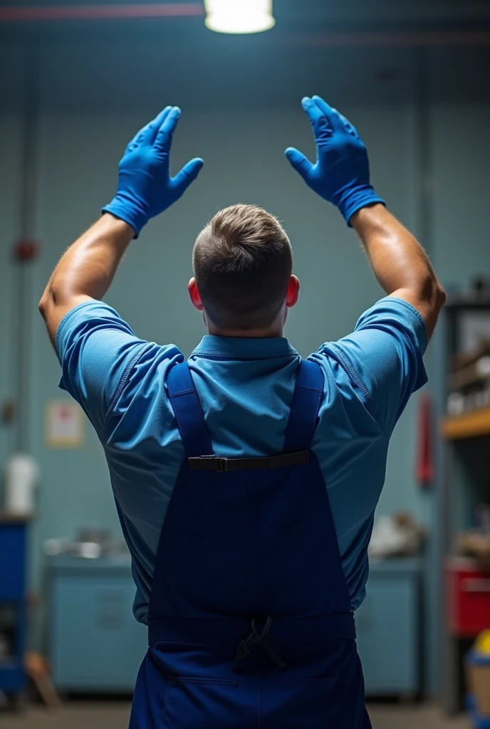 man from behind raising his arms, receiving something with his hands not so close together, wearing his blue gloves, Blue mechanic&#39;s apron, blue shirt